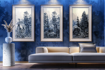 In a Scandinavian themed living room, a wall painted in a rich, sapphire blue hosts three mock-up poster frames in pure, glossy ivory. Each frame contains a detailed, black ink drawing of forests, 