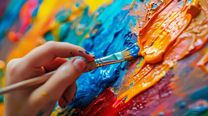 Close-up of a brush on a colorful canvas.