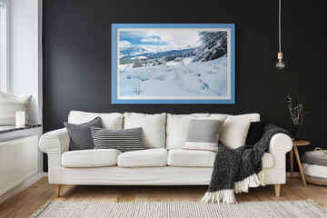 This Scandinavian-style living room features a striking black wall, offering a dramatic contrast to the blue-framed poster of an abstract, snowy landscape. 