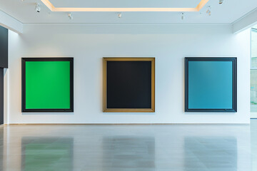 Within a spacious white art gallery, three empty wall spaces are highlighted, each with a distinct color green for renewal, black for sophistication, and blue for serenity. 