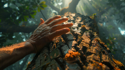 Person touching a tree trunk in a forest.