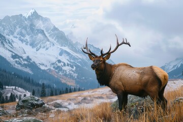 A large elk standing proudly in a grass covered field. Perfect for wildlife or nature themed projects - Powered by Adobe