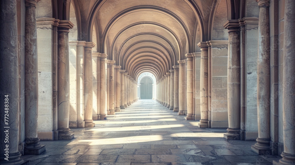 Aufkleber A long hallway with columns and a clock on the wall. Suitable for interior design concepts