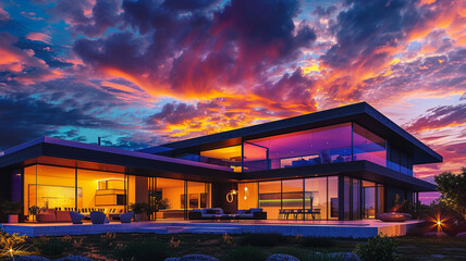 An expansive shot of a contemporary house during a vibrant, colorful sunset, with the sky a hues reflecting off the home