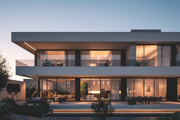 An expansive view of a modern residence during the late morning, with the sun casting gentle light across the facade, enhancing the clean lines and minimalist design, 