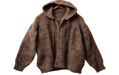 A brown sweater with a hoodie hangs gracefully on a hanger