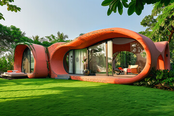 An innovative domicile with an eye-catching coral exterior, surrounded by a lush, meticulously maintained lawn. The house boasts a unique blend of curved and straight lines