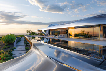 A futuristic habitat with a shiny silver facade that reflects the surrounding landscape and sky. The property is adorned with a zero-edge pool