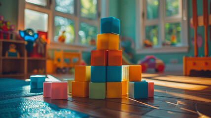 Colorful building blocks on the floor.