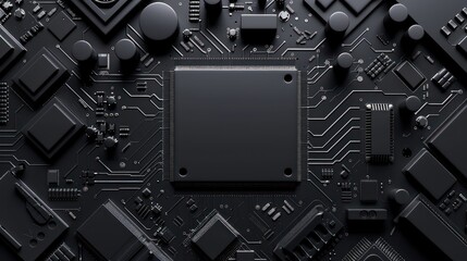 Matte black computer chip and circuit board background, realistically portrayed.
