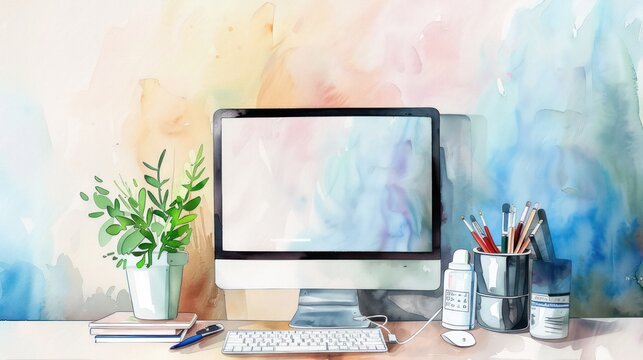 A watercolor painting featuring a tidy desk with a monitor.
