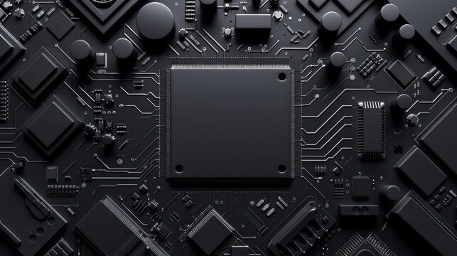 Matte black computer chip and circuit board background, realistically portrayed.
