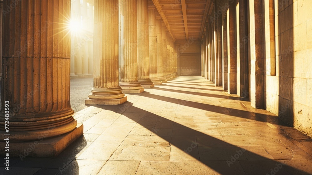 Poster sunlight shining through architectural columns, suitable for real estate or construction concepts