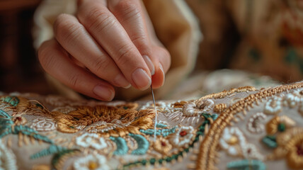 Close-up of hand embroidering fabric - obrazy, fototapety, plakaty