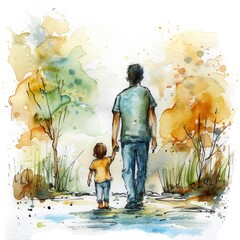 watercolor drawing of a father and son , father day design concept