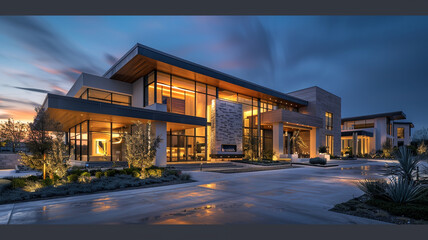 A panoramic image of a luxurious modern home in the gentle glow of dusk, with indoor lights casting...