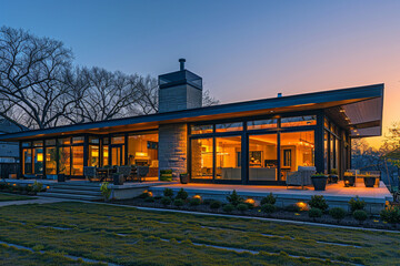 A panoramic photograph of a contemporary home during the crisp clarity of a spring morning, with the rising sun casting a soft glow on the architecture and the interior and exterior lights 