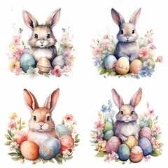 set of watercolor cute easter bunny and eggs surrounded by flowers isolated