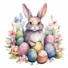 watercolor cute easter bunny and eggs surrounded by flowers isolated