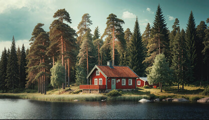 Traditional Scandinavian summer house by the lakeside surrounded by a pine tree forest. Stuga, hytte, mökki, sumarhús, sommerhus. Generative AI