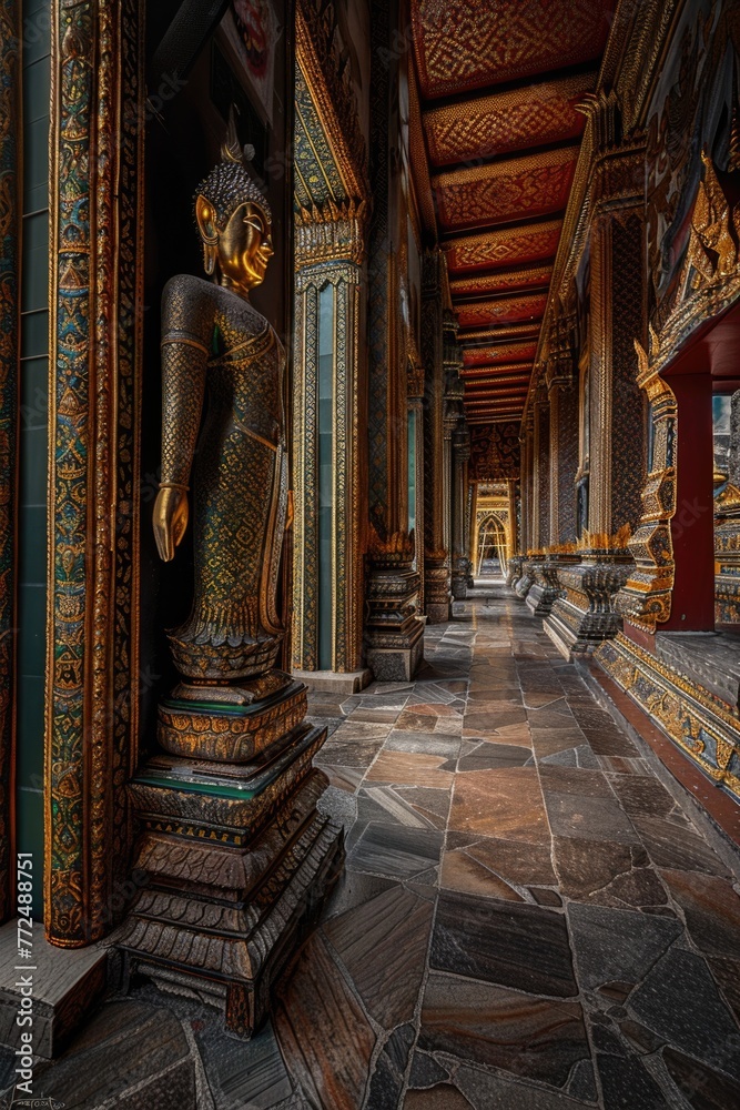 Poster a statue stands in the center of a long hallway. perfect for architectural or historical concepts