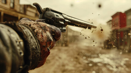 A close-up of a hand firing a revolver. - obrazy, fototapety, plakaty