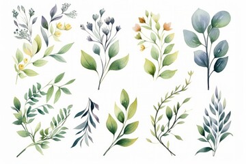 set of watercolor floral green leaves illustration
