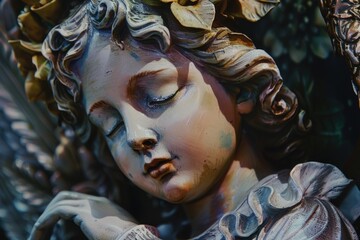 A detailed close-up of a beautiful angel statue. Perfect for religious or spiritual concepts