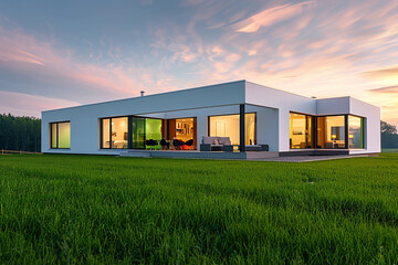 A sleek white house surrounded by vibrant green grass against a captivating twilight sky, featuring large windows and flat roofs.
