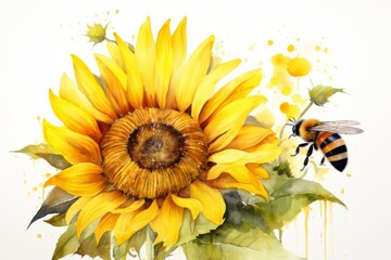 watercolor painting of a sunflower and a bee isolated on white background