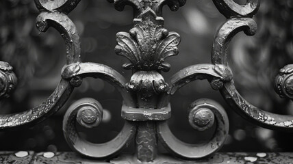 Ornate iron gate detail in black and white