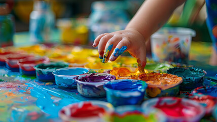 Child's hand painting with colorful paints