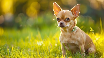A small Chihuahua is attempting to relieve himself on a lawn with lush greenery.
