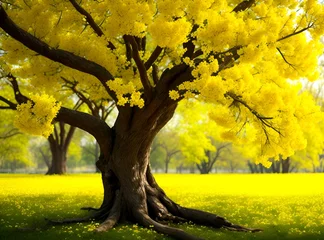 Zelfklevend Fotobehang A large tree with beautiful yellow flowers in the beautiful spring © Roshan