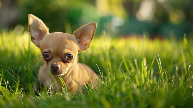A small Chihuahua is attempting to relieve himself on a lawn with lush greenery.