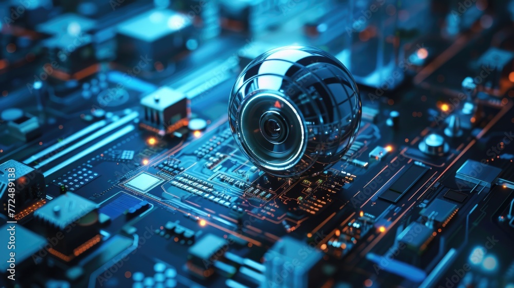 Poster Close-up of a camera on a computer motherboard. Perfect for technology concepts