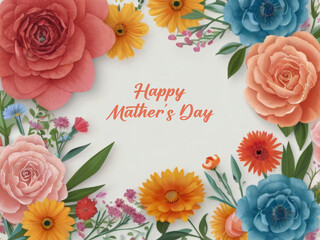 Happy mother's day with mother and baby floral frame illustration with colorful spring flowers background