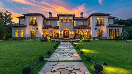 Dazzling facade of a newly built luxury home with a green, lush lawn, stone pathway leading to an elaborate entrance, in the glow of dusk. - obrazy, fototapety, plakaty