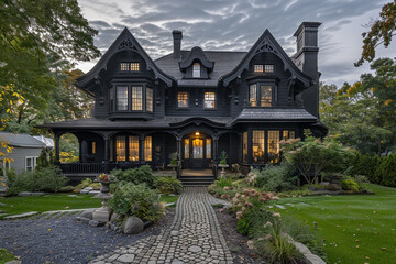 Fototapeta na wymiar Elegant Dark Grey Luxury Home with a Lush Front Yard and a Cobblestone Walkway to an Ornate Porch Entrance