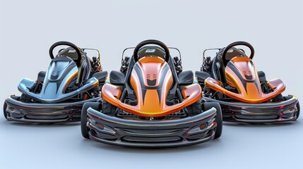 Three go-karts lined up in a row. Suitable for sports and recreational concepts - obrazy, fototapety, plakaty