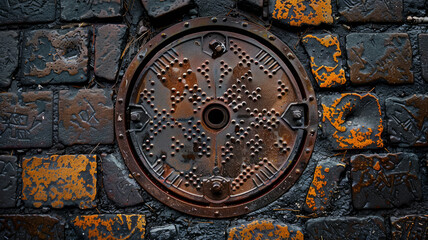 An old rusty manhole cover on a textured street.