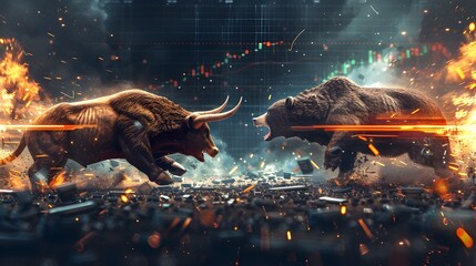 Bulls and Bears Lock Horns in Volatile Financial Market Battle - obrazy, fototapety, plakaty