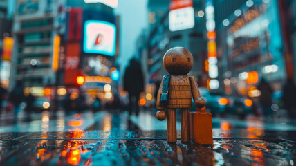 Wooden figurine with a suitcase in a city at night - obrazy, fototapety, plakaty