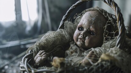 A baby doll sitting in a basket on a bed. Suitable for children's bedroom decor