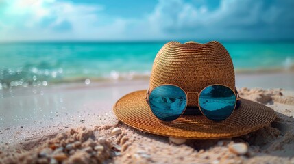 Straw Hat and Sunglasses Resting on Beach
