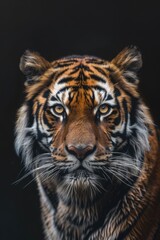 Obraz premium Close up of a tiger's face on a black background. Perfect for wildlife or animal-themed designs