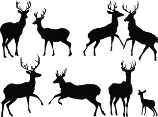 eight deer silhouettes isolated on white