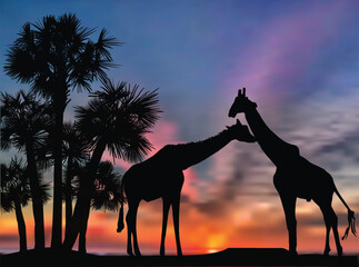two giraffes near palm trees at sunset - 772489758