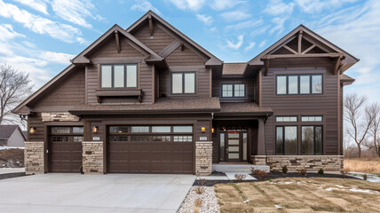 Luxurious new construction home with a contemporary design, wrapped in rich chocolate brown siding...
