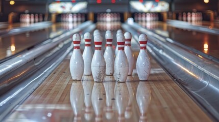 Row of bowling pins in a bowling alley, suitable for sports or leisure concepts - obrazy, fototapety, plakaty